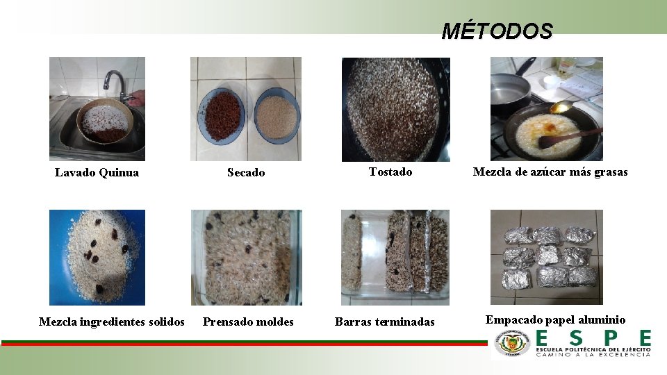 MÉTODOS Lavado Quinua Mezcla ingredientes solidos Secado Prensado moldes Tostado Barras terminadas Mezcla de