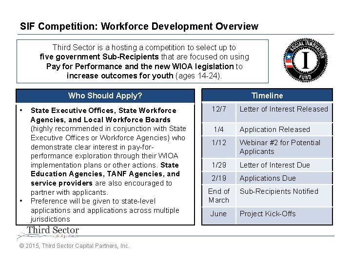SIF Competition: Workforce Development Overview Third Sector is a hosting a competition to select