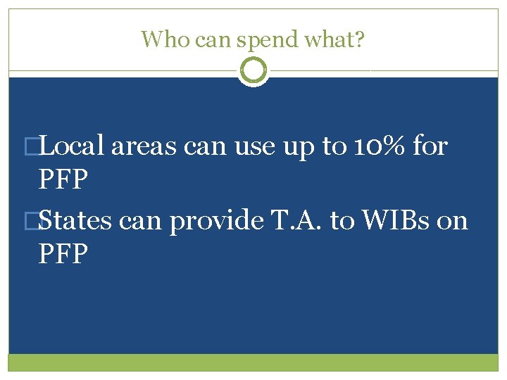 Who can spend what? �Local areas can use up to 10% for PFP �States