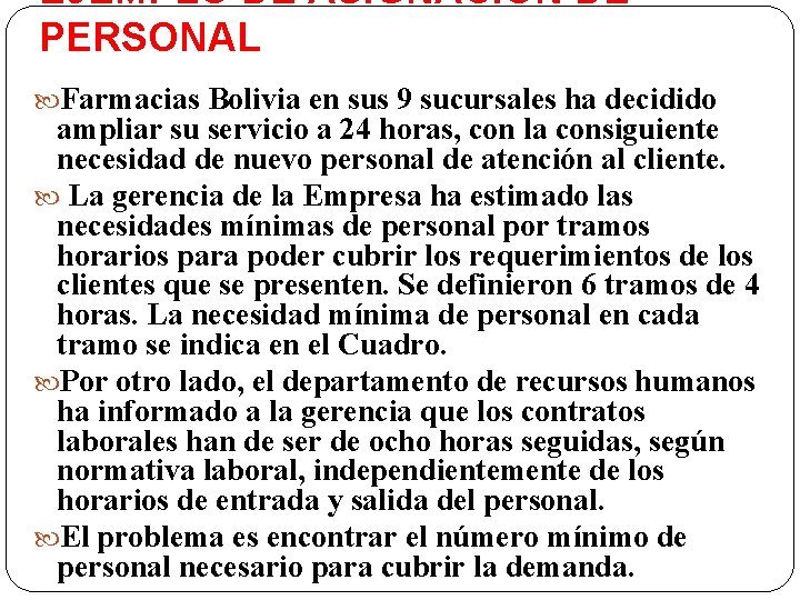 EJEMPLO DE ASIGNACION DE PERSONAL Farmacias Bolivia en sus 9 sucursales ha decidido ampliar