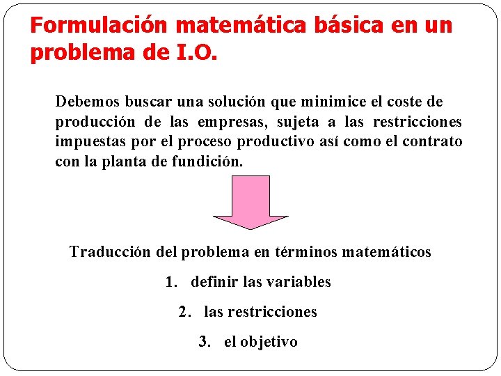 Formulación matemática básica en un problema de I. O. Debemos buscar una solución que