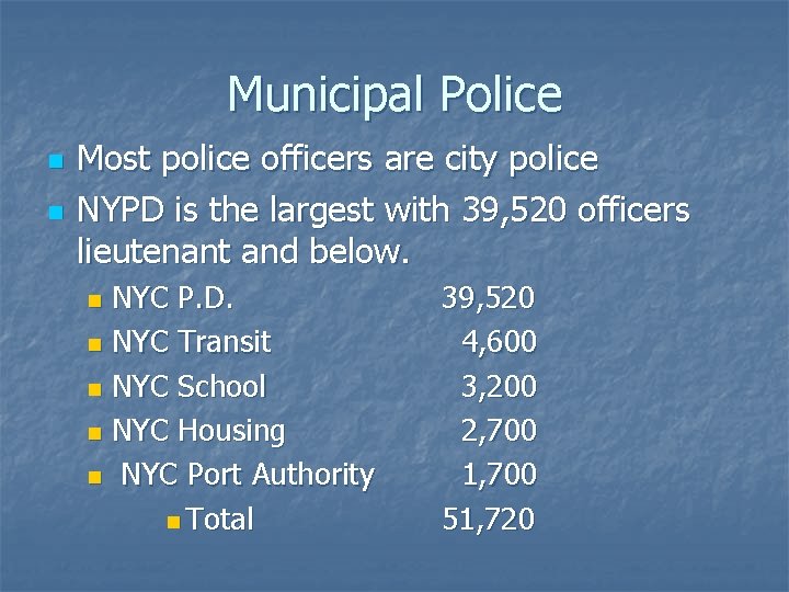 Municipal Police n n Most police officers are city police NYPD is the largest