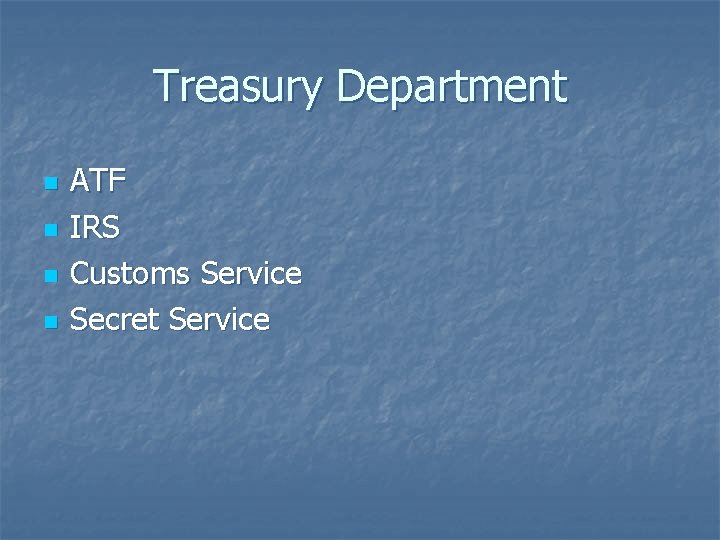 Treasury Department n n ATF IRS Customs Service Secret Service 