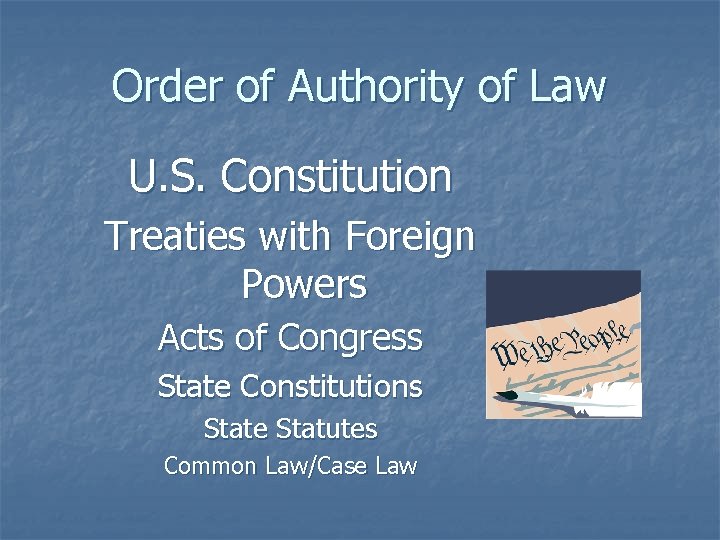 Order of Authority of Law U. S. Constitution Treaties with Foreign Powers Acts of