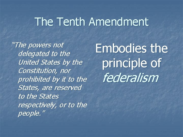 The Tenth Amendment “The powers not delegated to the United States by the Constitution,