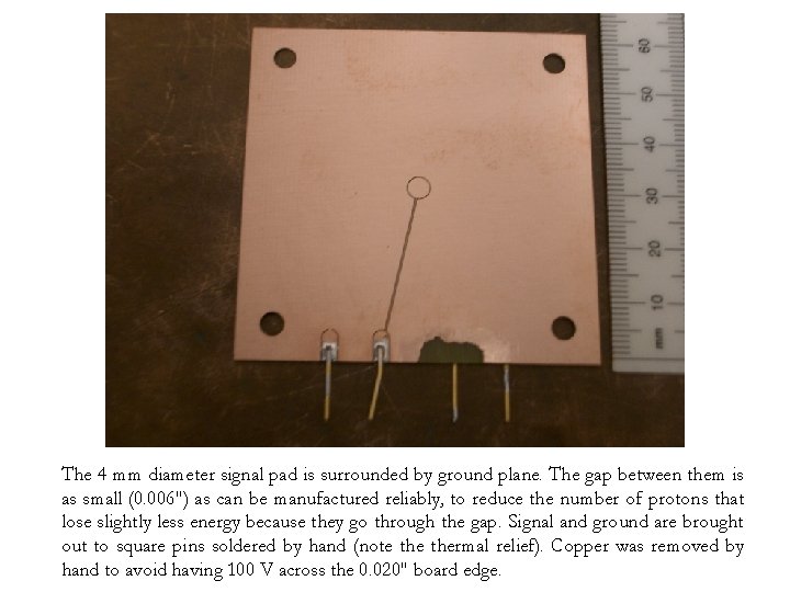 The 4 mm diameter signal pad is surrounded by ground plane. The gap between