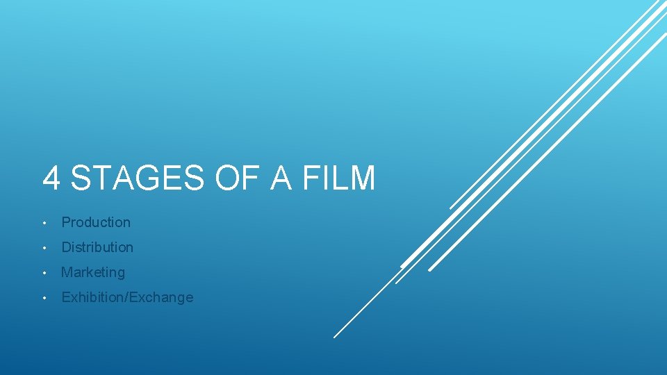 4 STAGES OF A FILM • Production • Distribution • Marketing • Exhibition/Exchange 