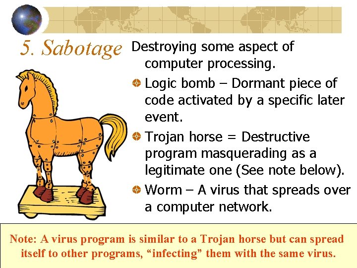 5. Sabotage Destroying some aspect of computer processing. Logic bomb – Dormant piece of 5. Sabotage Destroying some aspect of computer processing. Logic bomb – Dormant piece of