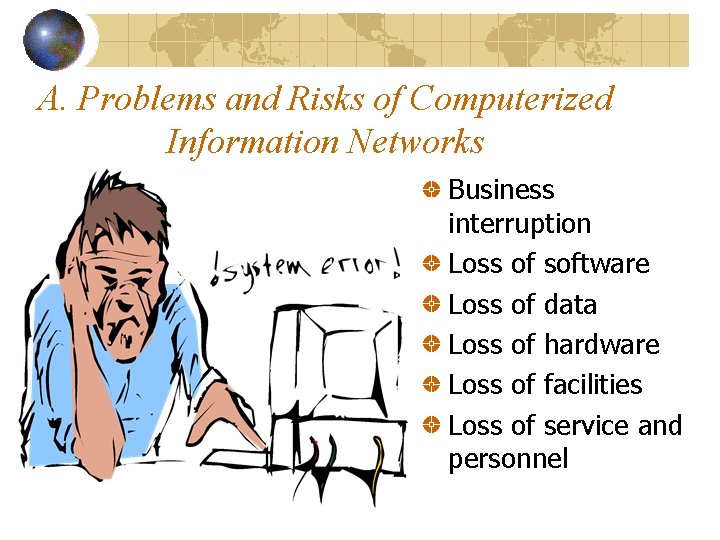 A. Problems and Risks of Computerized Information Networks Business interruption Loss of software Loss A. Problems and Risks of Computerized Information Networks Business interruption Loss of software Loss