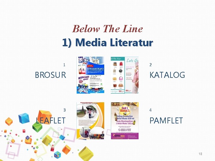 Below The Line 1) Media Literatur 1 BROSUR 3 LEAFLET 2 KATALOG 4 PAMFLET