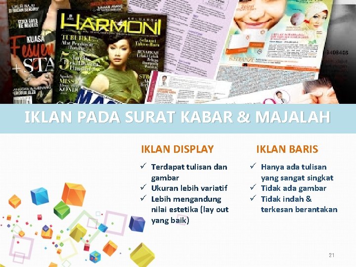 IKLAN PADA SURAT KABAR & MAJALAH IKLAN DISPLAY ü Terdapat tulisan dan gambar ü