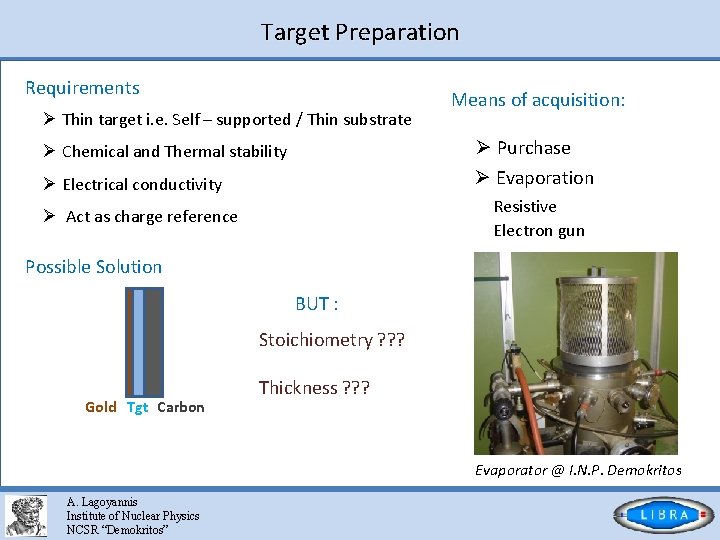 Target Preparation Requirements Ø Thin target i. e. Self – supported / Thin substrate