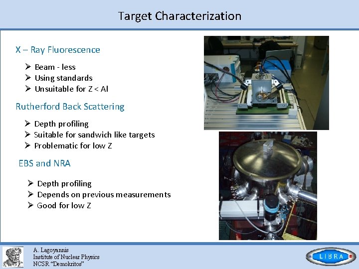Target Characterization X – Ray Fluorescence Ø Beam - less Ø Using standards Ø