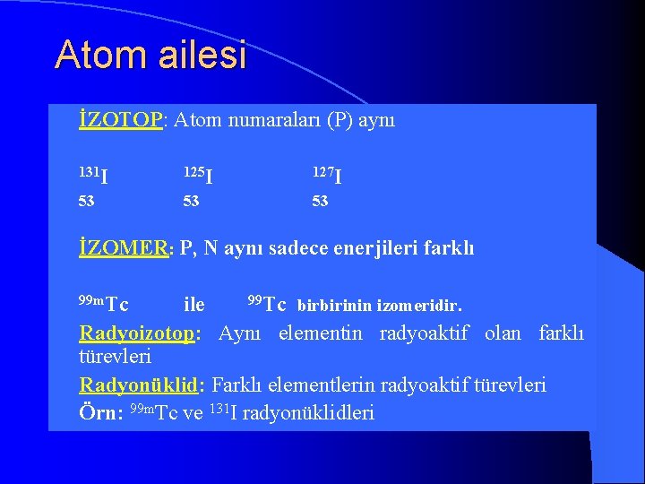 Atom ailesi l İZOTOP: Atom numaraları (P) aynı l 131 I 125 I 127