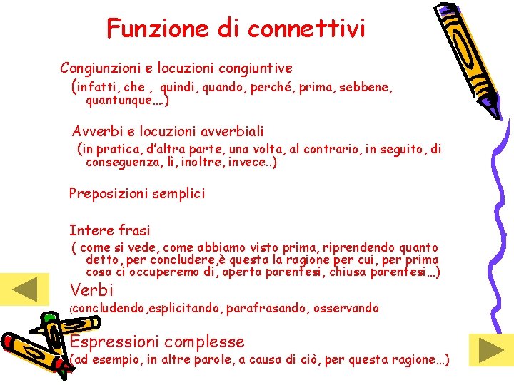 Funzione di connettivi Congiunzioni e locuzioni congiuntive (infatti, che , quindi, quando, perché, prima,