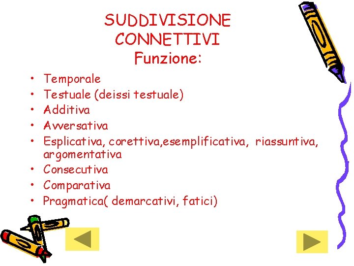 SUDDIVISIONE CONNETTIVI Funzione: • • • Temporale Testuale (deissi testuale) Additiva Avversativa Esplicativa, corettiva,