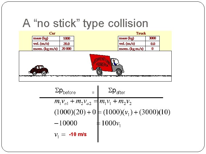 A “no stick” type collision Spbefore -10 m/s = Spafter 