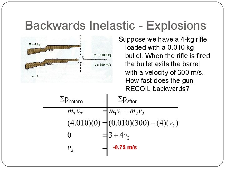 Backwards Inelastic - Explosions Suppose we have a 4 -kg rifle loaded with a