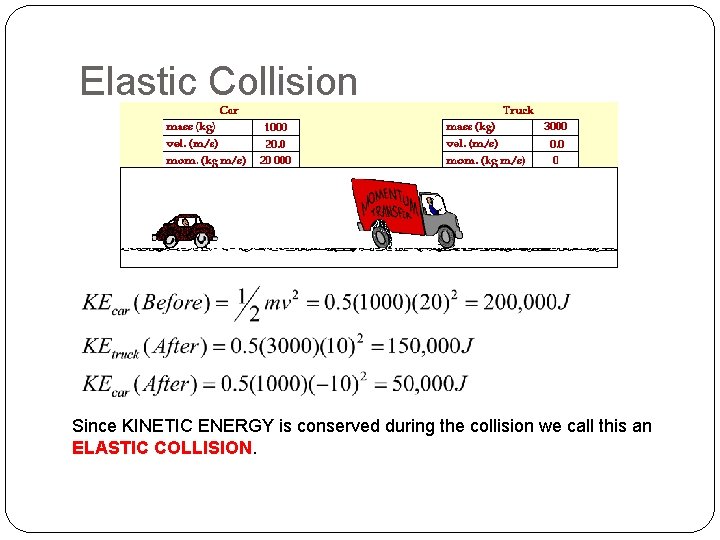 Elastic Collision Since KINETIC ENERGY is conserved during the collision we call this an