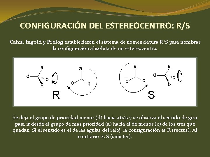 CONFIGURACIÓN DEL ESTEREOCENTRO: R/S Cahn, Ingold y Prelog establecieron el sistema de nomenclatura R/S CONFIGURACIÓN DEL ESTEREOCENTRO: R/S Cahn, Ingold y Prelog establecieron el sistema de nomenclatura R/S