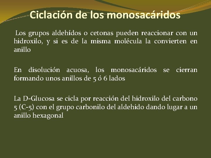 Ciclación de los monosacáridos Los grupos aldehídos o cetonas pueden reaccionar con un hidroxilo, Ciclación de los monosacáridos Los grupos aldehídos o cetonas pueden reaccionar con un hidroxilo,
