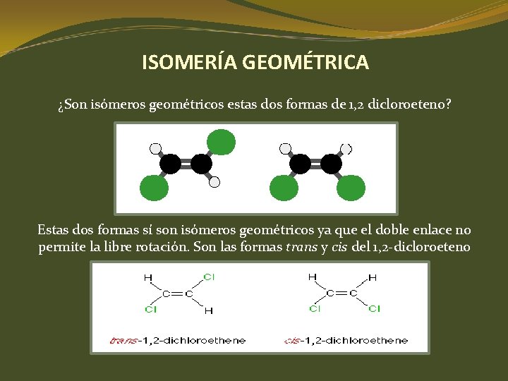ISOMERÍA GEOMÉTRICA ¿Son isómeros geométricos estas dos formas de 1, 2 dicloroeteno? Estas dos ISOMERÍA GEOMÉTRICA ¿Son isómeros geométricos estas dos formas de 1, 2 dicloroeteno? Estas dos