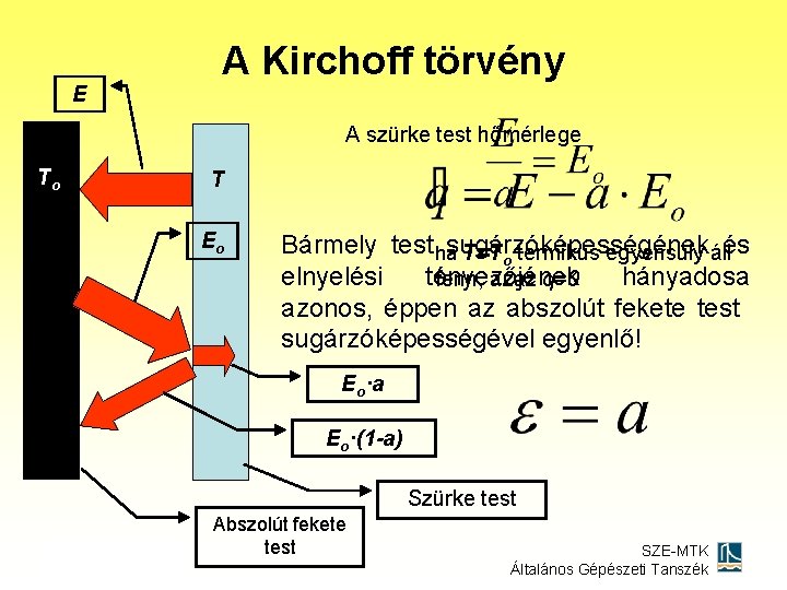 E A Kirchoff törvény A szürke test hőmérlege To T Eo Bármely test hasugárzóképességének