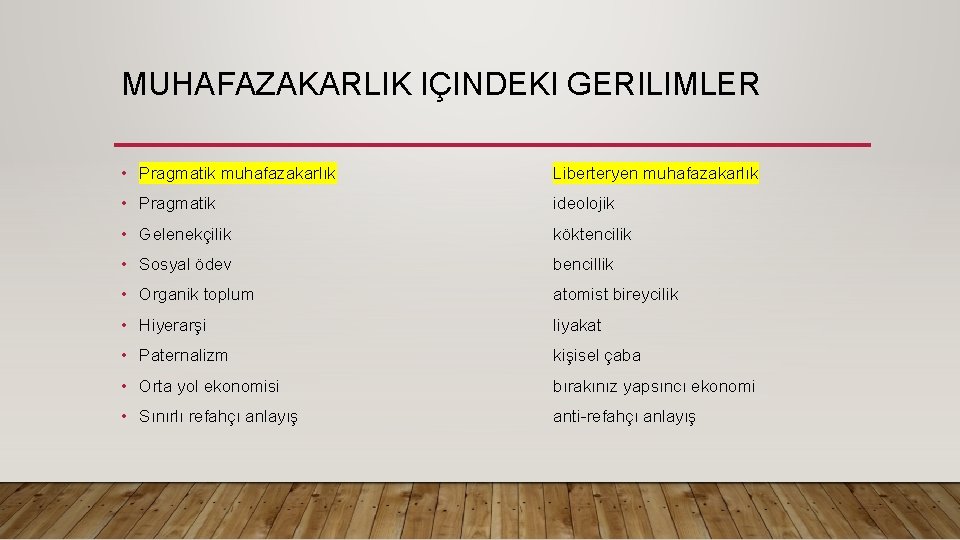 MUHAFAZAKARLIK IÇINDEKI GERILIMLER • Pragmatik muhafazakarlık Liberteryen muhafazakarlık • Pragmatik ideolojik • Gelenekçilik köktencilik