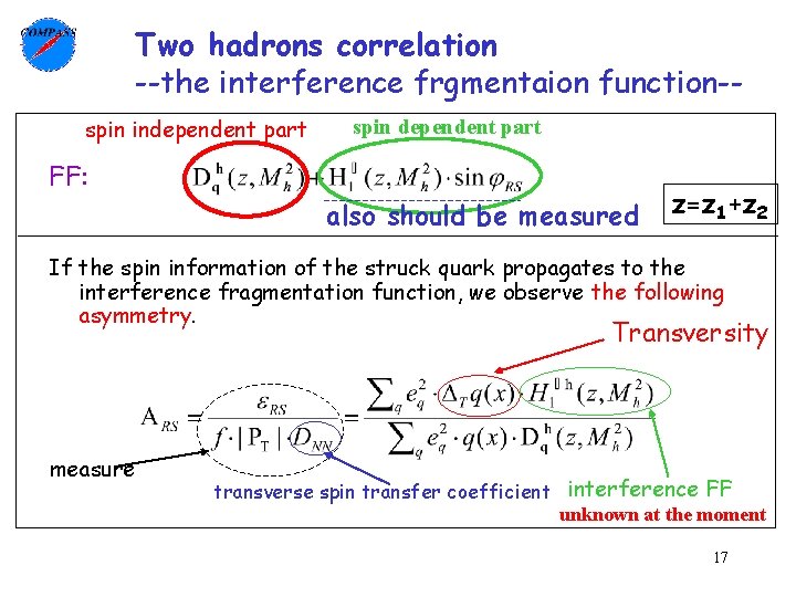 Two hadrons correlation --the interference frgmentaion function-spin independent part spin dependent part FF: also