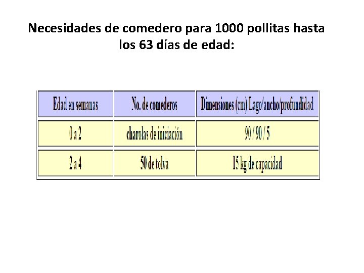 Necesidades de comedero para 1000 pollitas hasta los 63 días de edad: 