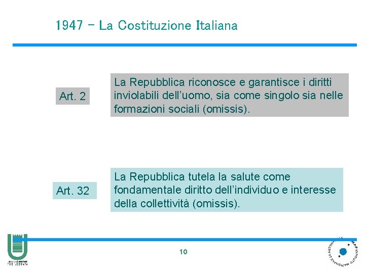 1947 - La Costituzione Italiana Art. 2 La Repubblica riconosce e garantisce i diritti