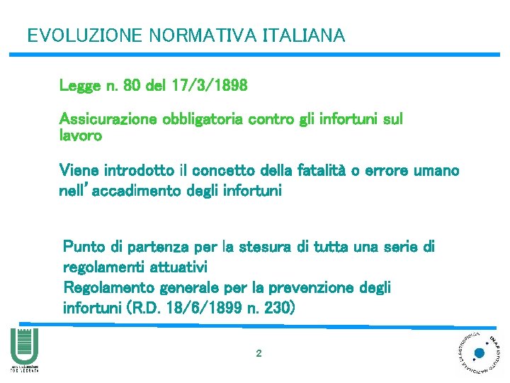EVOLUZIONE NORMATIVA ITALIANA Legge n. 80 del 17/3/1898 Assicurazione obbligatoria contro gli infortuni sul