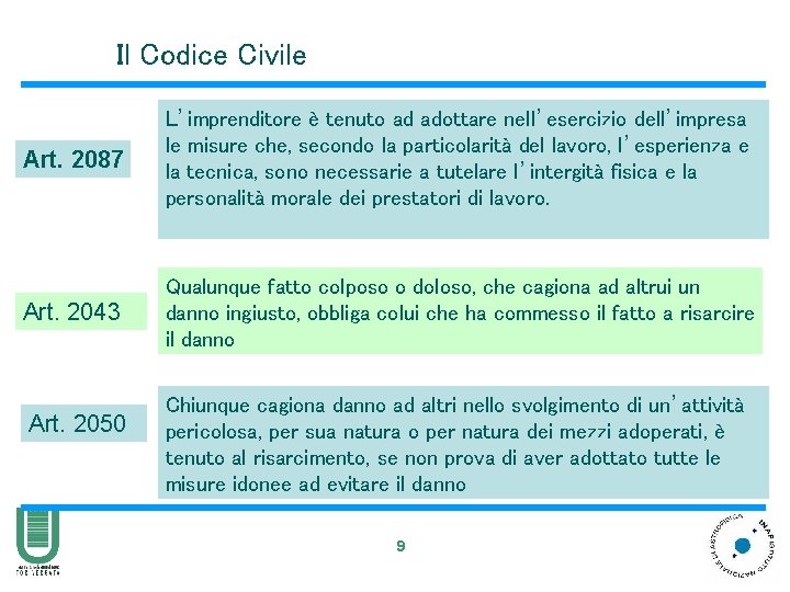 Il Codice Civile Art. 2087 L’imprenditore è tenuto ad adottare nell’esercizio dell’impresa le misure
