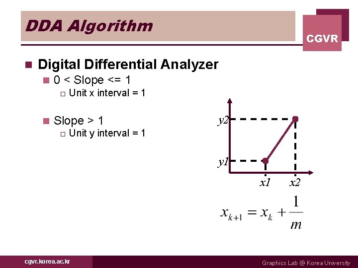 DDA Algorithm n CGVR Digital Differential Analyzer n 0 < Slope <= 1 o