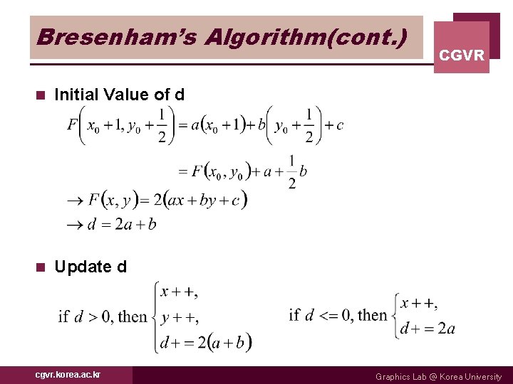 Bresenham’s Algorithm(cont. ) n Initial Value of d n Update d cgvr. korea. ac.