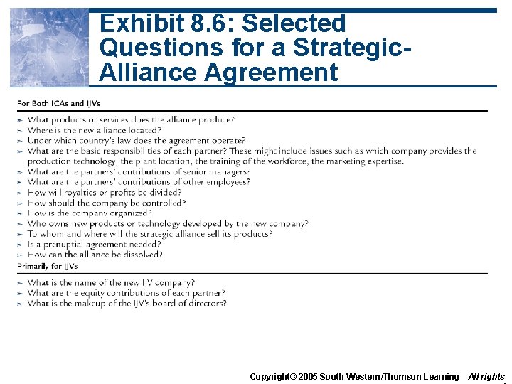 Exhibit 8. 6: Selected Questions for a Strategic. Alliance Agreement Copyright© 2005 South-Western/Thomson Learning