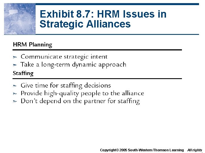 Exhibit 8. 7: HRM Issues in Strategic Alliances Copyright© 2005 South-Western/Thomson Learning All rights