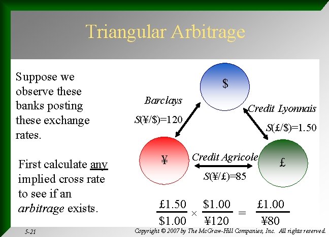 Triangular Arbitrage Suppose we observe these banks posting these exchange rates. First calculate any