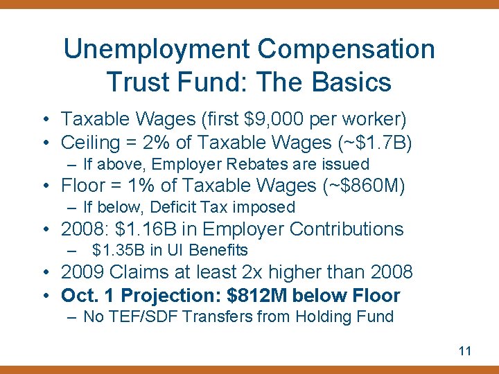 Unemployment Compensation Trust Fund: The Basics • Taxable Wages (first $9, 000 per worker)