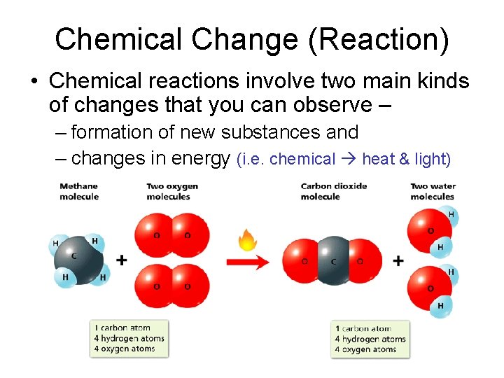 Chemical Change (Reaction) • Chemical reactions involve two main kinds of changes that you