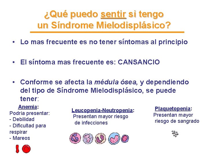 ¿Qué puedo sentir si tengo un Síndrome Mielodisplásico? • Lo mas frecuente es no ¿Qué puedo sentir si tengo un Síndrome Mielodisplásico? • Lo mas frecuente es no