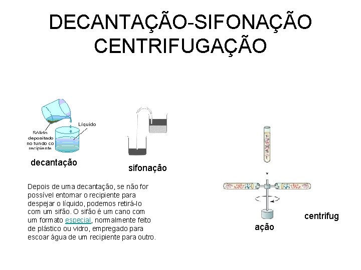 DECANTAÇÃO-SIFONAÇÃO CENTRIFUGAÇÃO decantação sifonação Depois de uma decantação, se não for possível entornar o