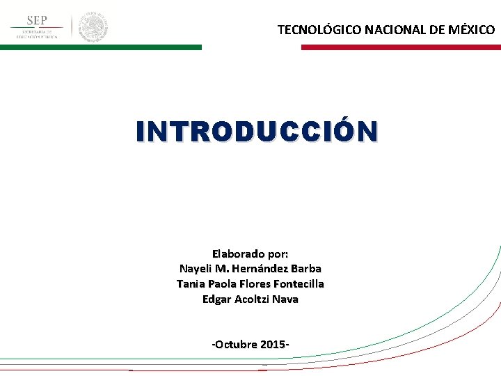 TECNOLÓGICO NACIONAL DE MÉXICO INTRODUCCIÓN Elaborado por: Nayeli M. Hernández Barba Tania Paola Flores