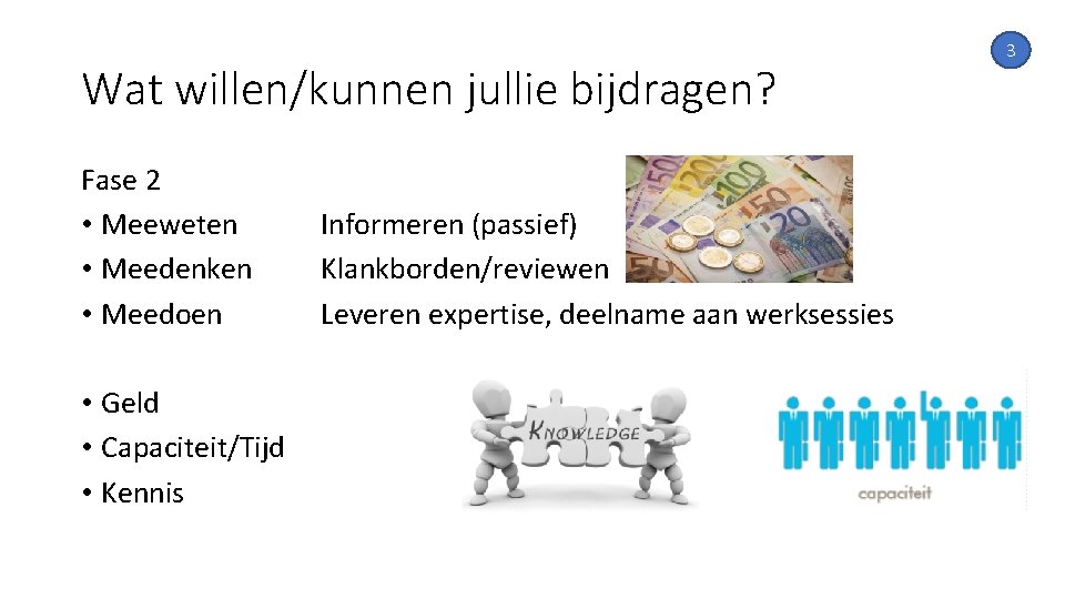 Wat willen/kunnen jullie bijdragen? Fase 2 • Meeweten • Meedenken • Meedoen • Geld