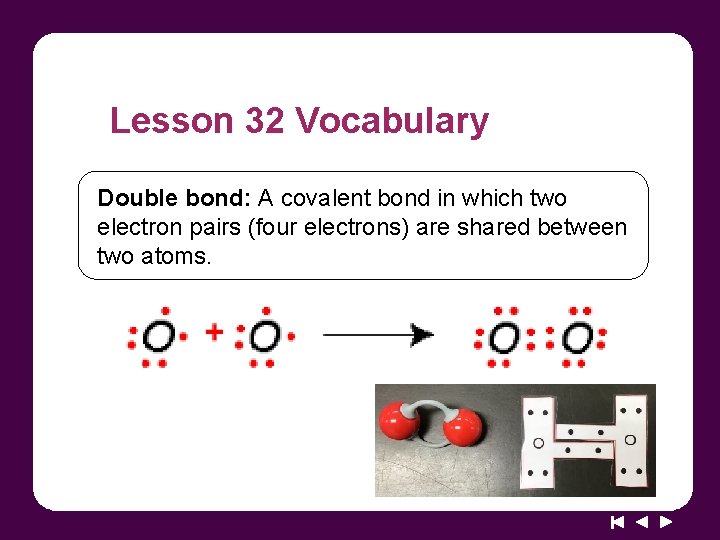 Lesson 32 Vocabulary Double bond: A covalent bond in which two electron pairs (four