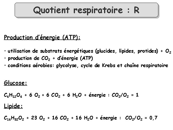 Quotient respiratoire : R Production d’énergie (ATP): • utilisation de substrats énergétiques (glucides, lipides,