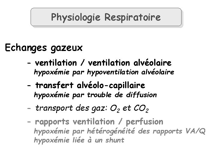 Physiologie Respiratoire Echanges gazeux - ventilation / ventilation alvéolaire hypoxémie par hypoventilation alvéolaire -