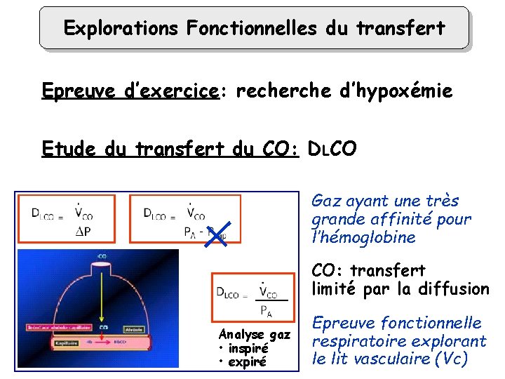 Explorations Fonctionnelles du transfert Epreuve d’exercice: recherche d’hypoxémie Etude du transfert du CO: DLCO