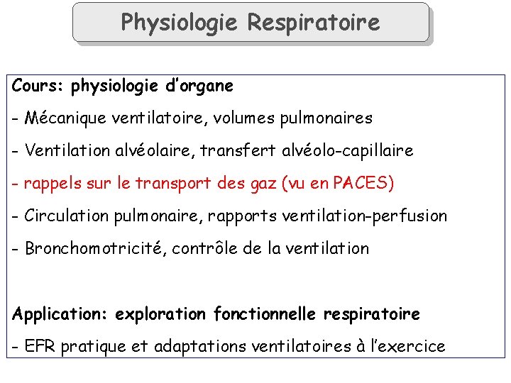 Physiologie Respiratoire Cours: physiologie d’organe - Mécanique ventilatoire, volumes pulmonaires - Ventilation alvéolaire, transfert
