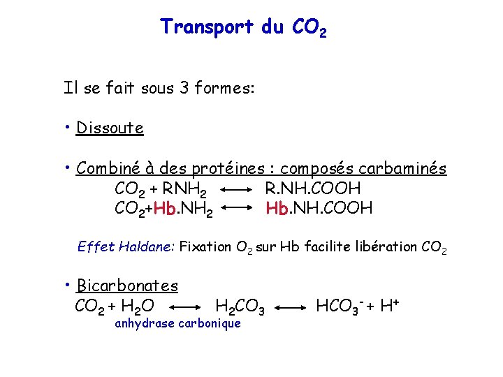 Transport du CO 2 Il se fait sous 3 formes: • Dissoute • Combiné